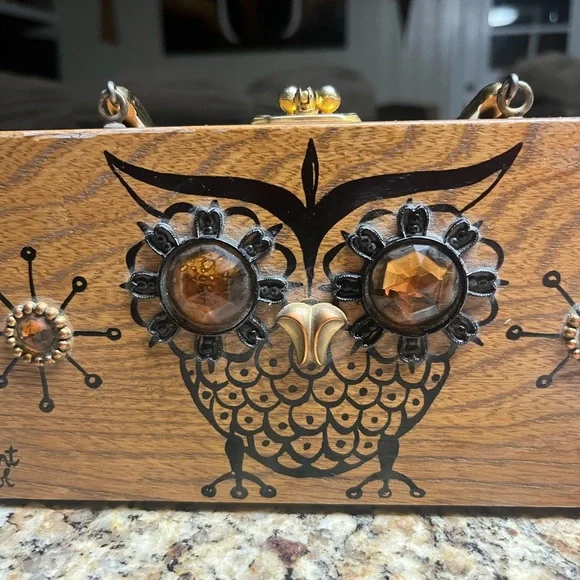 Enid Collin’s • Vintage • 1960’s • Wooden Box Bag • Night Owl • Beaded - Picture 4 of 14